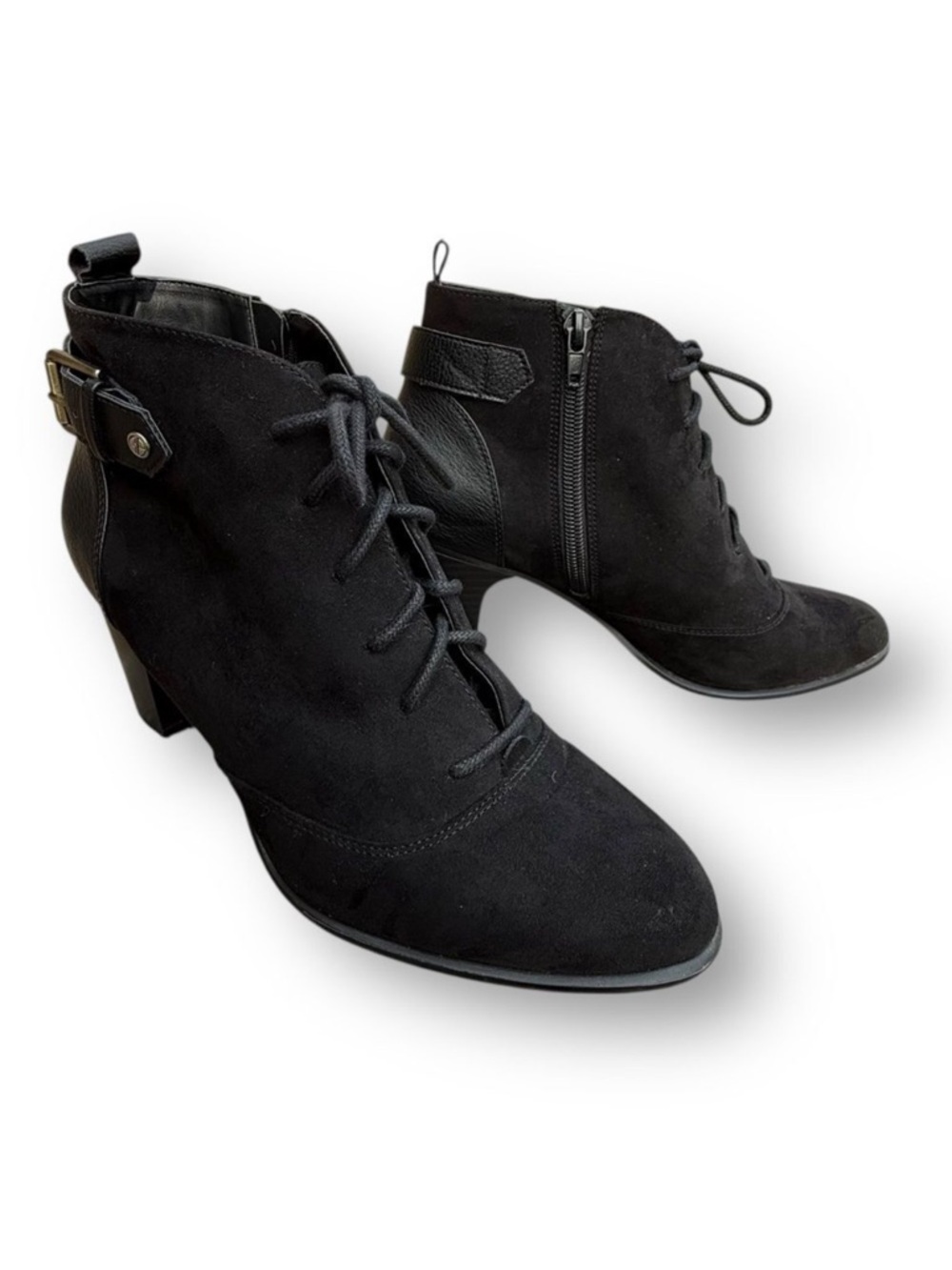 Giani Bernini Candence Faux Suede Lace up Block Heel Vintage Booties Side Zipper